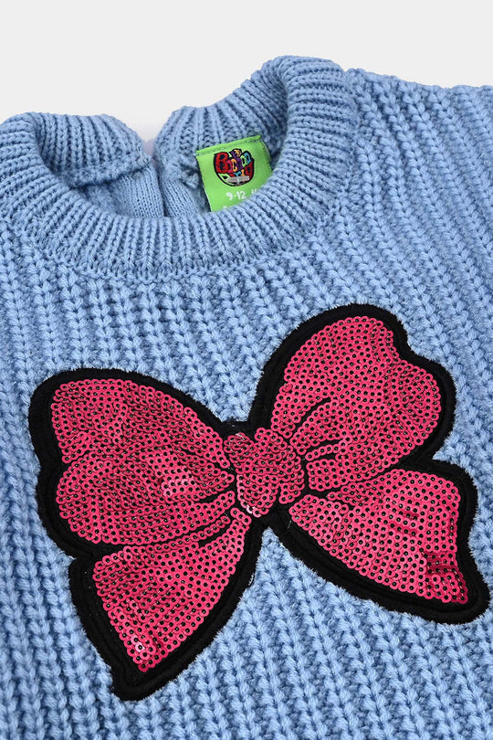 Infant Girls Acrylic Sweater-Sequence BOW-L.Blue