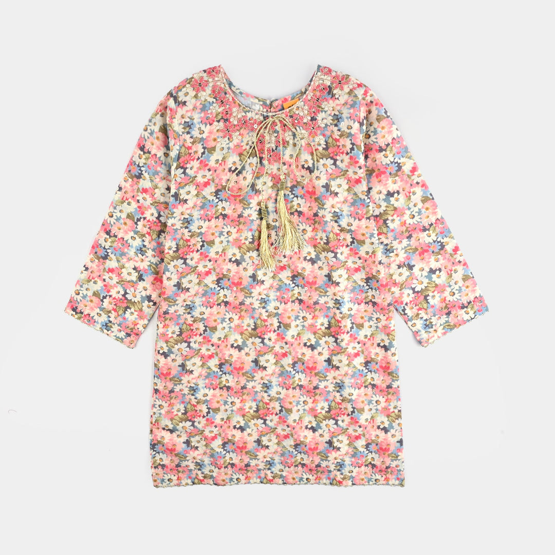 Girls Cotton Poplin Printed & EMB 2Pcs Peach-Multi