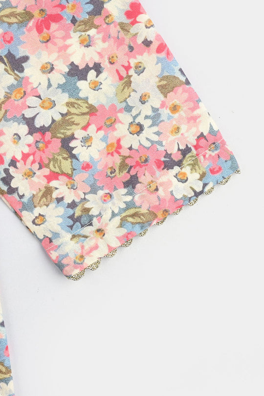 Infant Girls Cotton Poplin Printed & Emb 2Pcs Peach-Multi