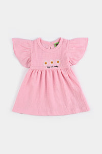 Infant Girls Poly Crinkle Frocks Flowers-Pink
