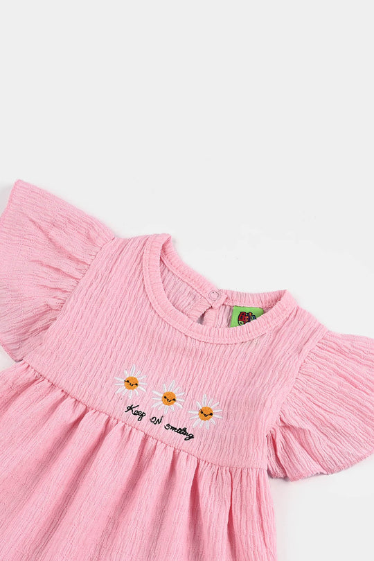 Infant Girls Poly Crinkle Frocks Flowers-Pink