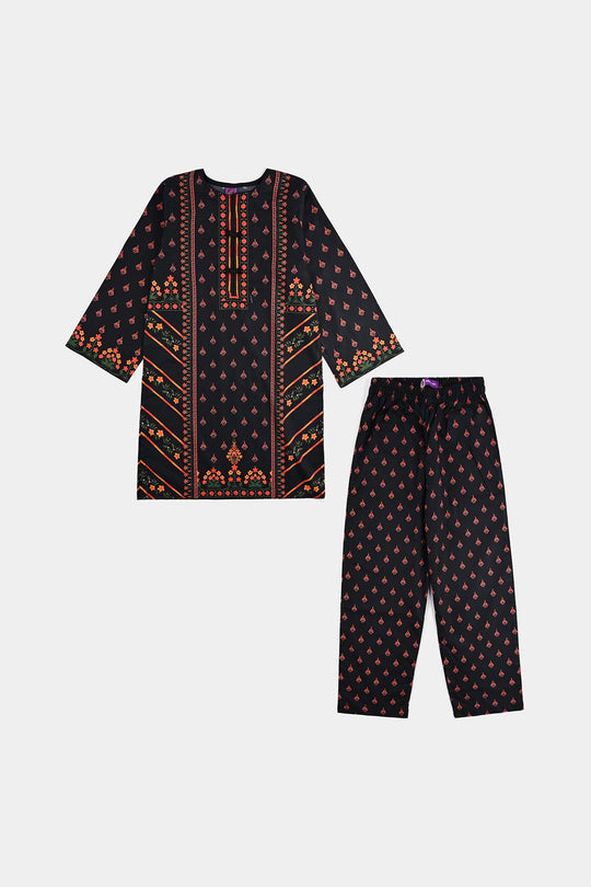 Girls Cotton Poplin Printed 2Pcs Abstract-BLACK