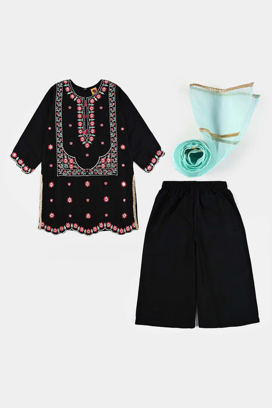 Girls poly cambric 3Pcs Phool Patti-BLACK