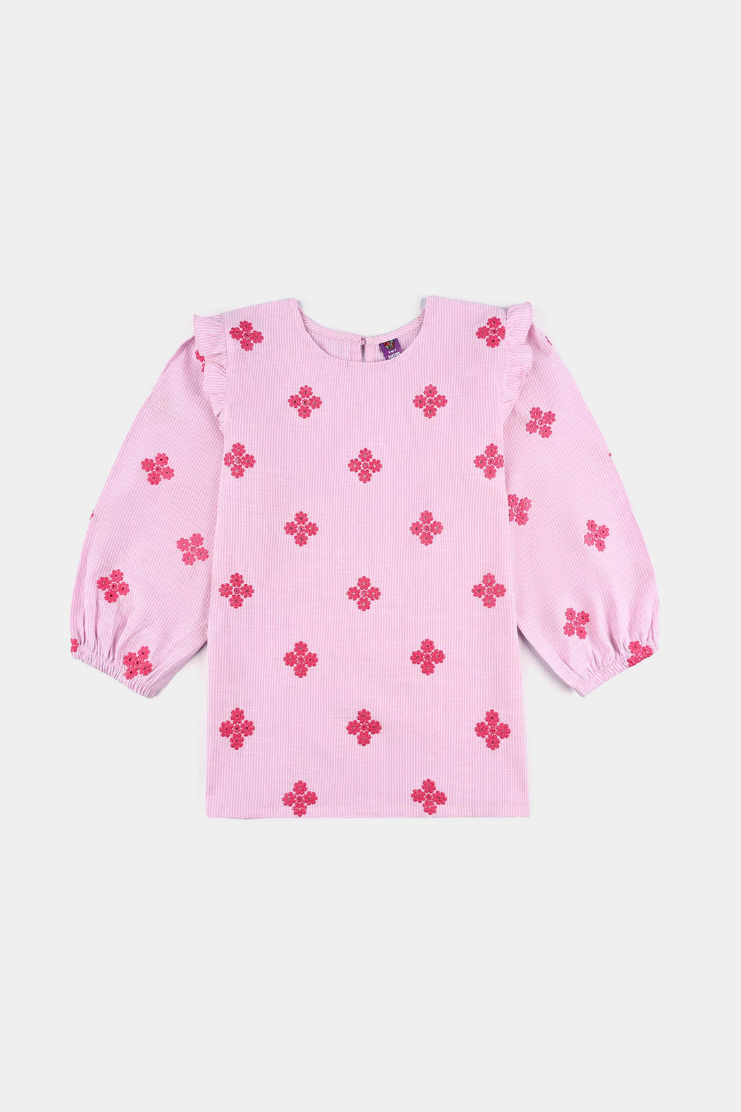 Girls Cotton Emb Top Pink Stripes-Pink
