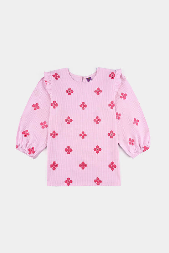 Girls Cotton Emb Top Pink Stripes-Pink