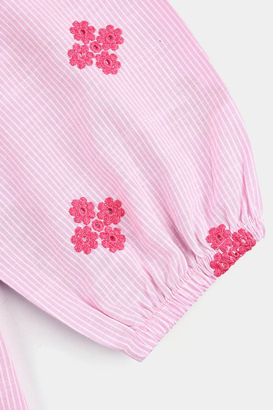 Girls Cotton Emb Top Pink Stripes-Pink
