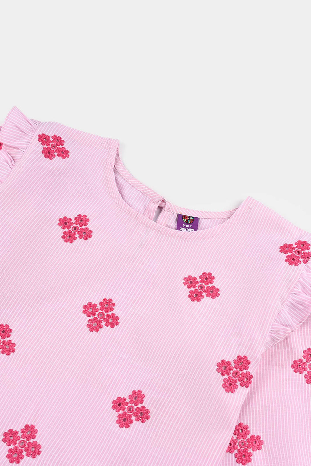 Girls Cotton Emb Top Pink Stripes-Pink