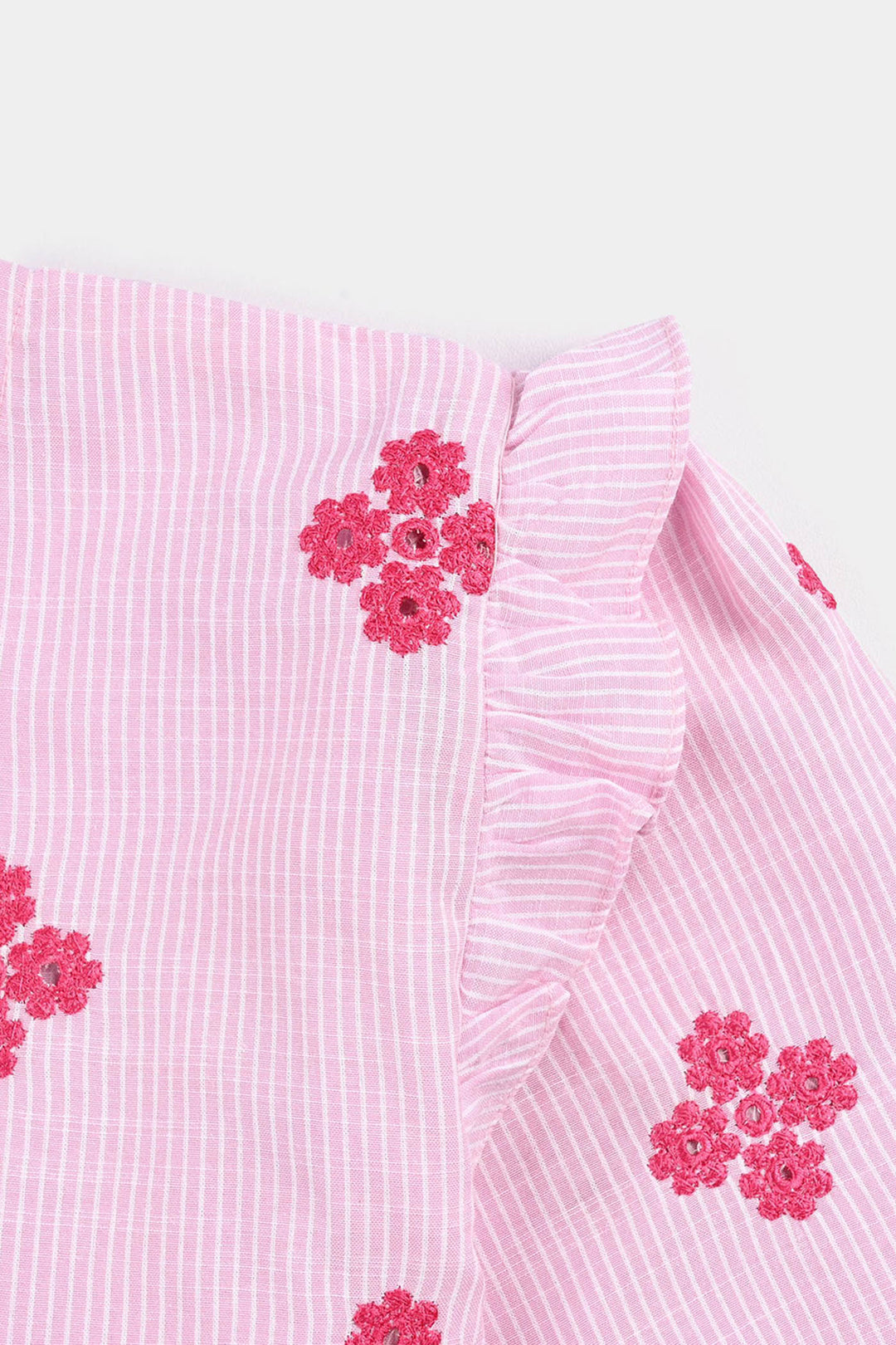 Girls Cotton Emb Top Pink Stripes-Pink
