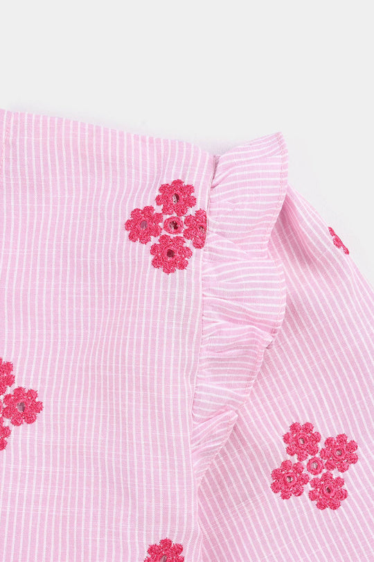 Girls Cotton Emb Top Pink Stripes-Pink