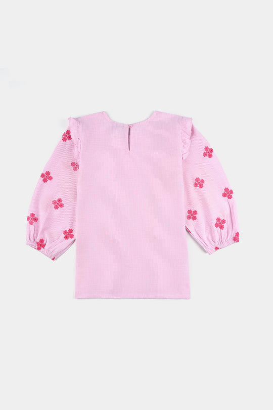 Girls Cotton Emb Top Pink Stripes-Pink