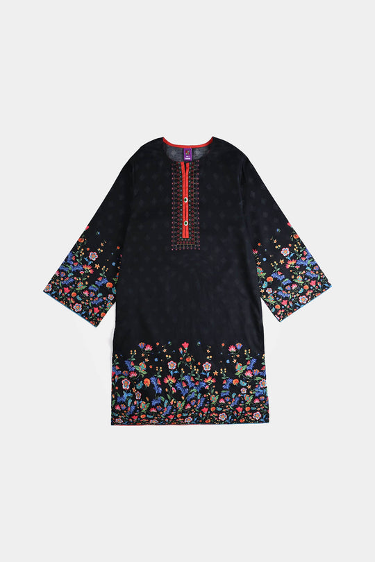 Girls Cotton Poplin Printed Kurti Garden-BLACK