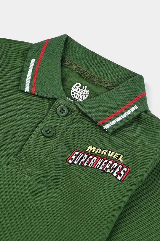 Infant Boys Jumbo Pique Polo F/S Super Heroes-Olive Green
