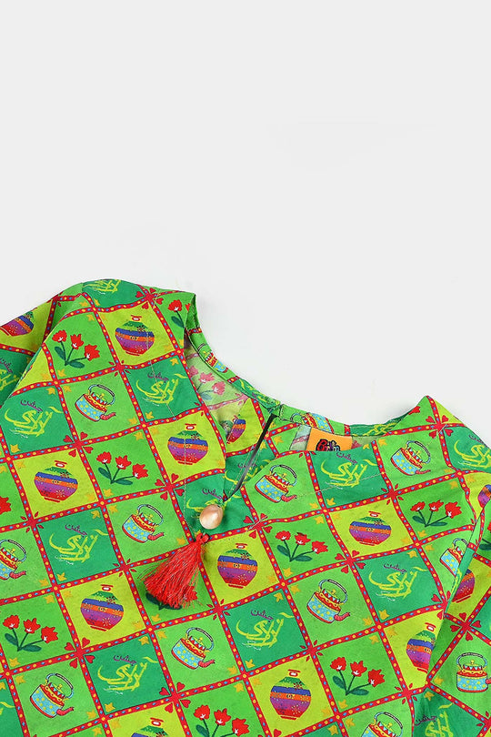 Girls Cotton Printed Kurti Kettle And Flowers Ind-Multi