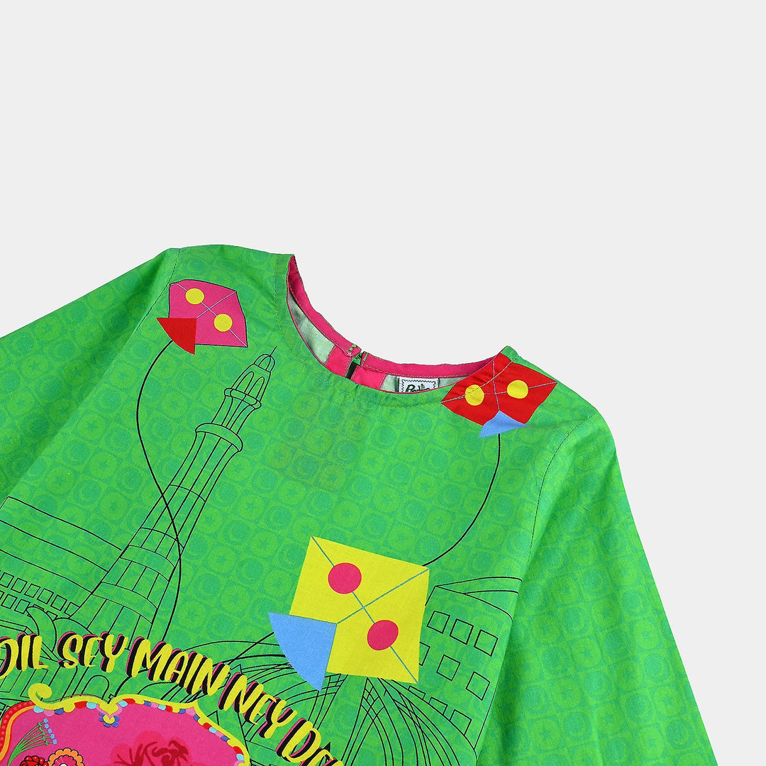 Infant Girls Cotton Printed Kurti Independence Day-L.Green