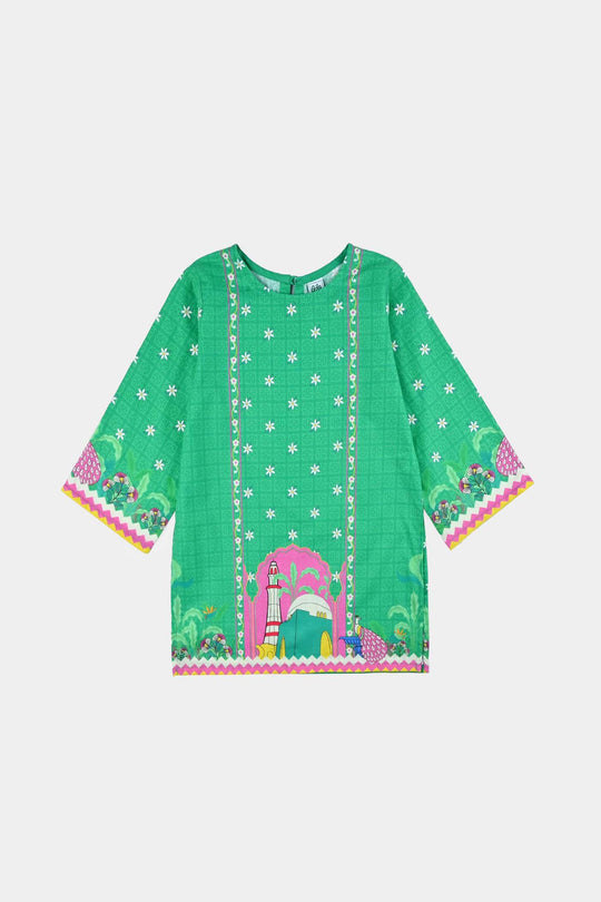 Girls Cotton Printed Kurti Peacock Ind-GREEN
