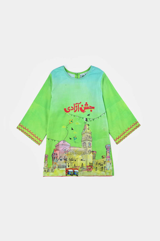 Girls Cotton Printed Kurti Rang -E-Azadi Ind-GREEN