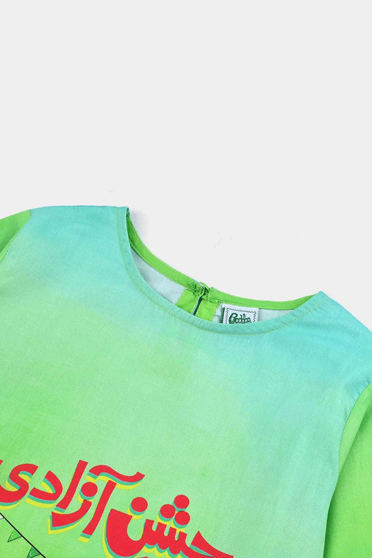 Girls Cotton Printed Kurti Rang -E-Azadi Ind-GREEN
