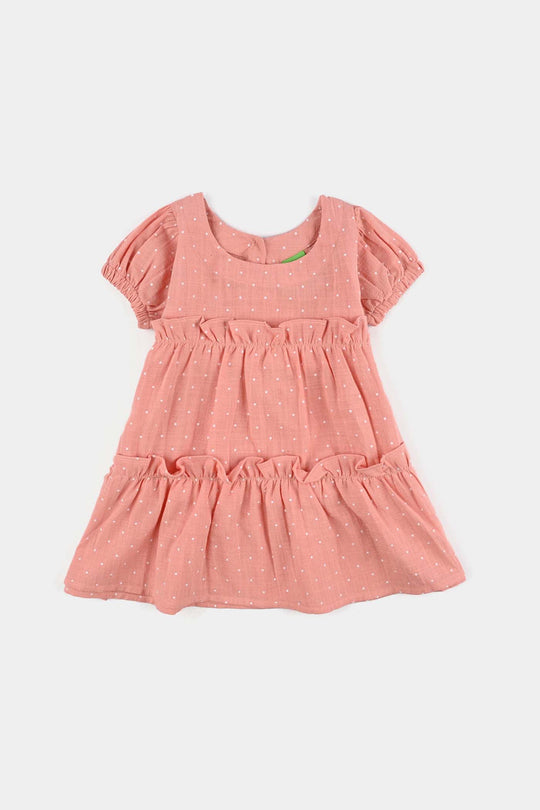 Infant Girls Cotton Casual Frock Polka Dot-Peach