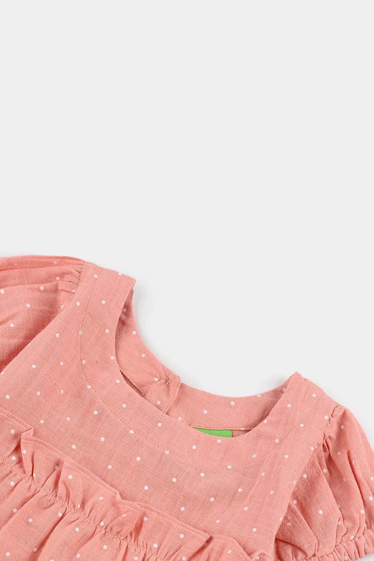 Infant Girls Cotton Casual Frock Polka Dot-Peach