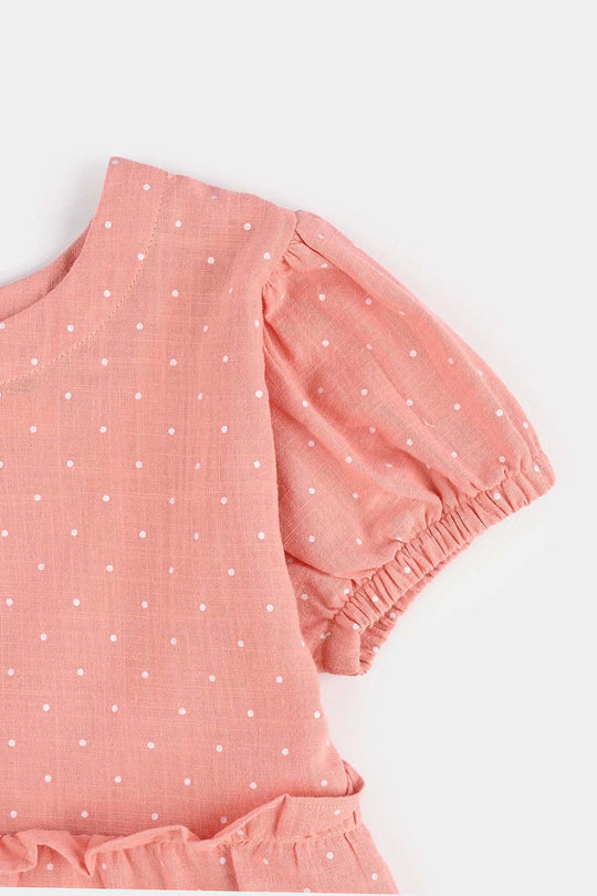 Girls Cotton Casual Frock Polka Dot-Peach