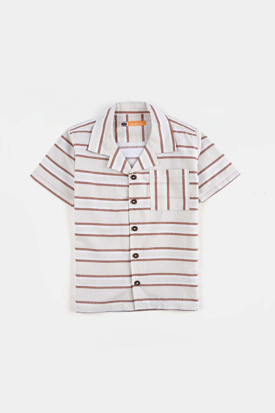 Boys Yarn Dyed Shirt H/S (Choco Lines) - Beige Stripes