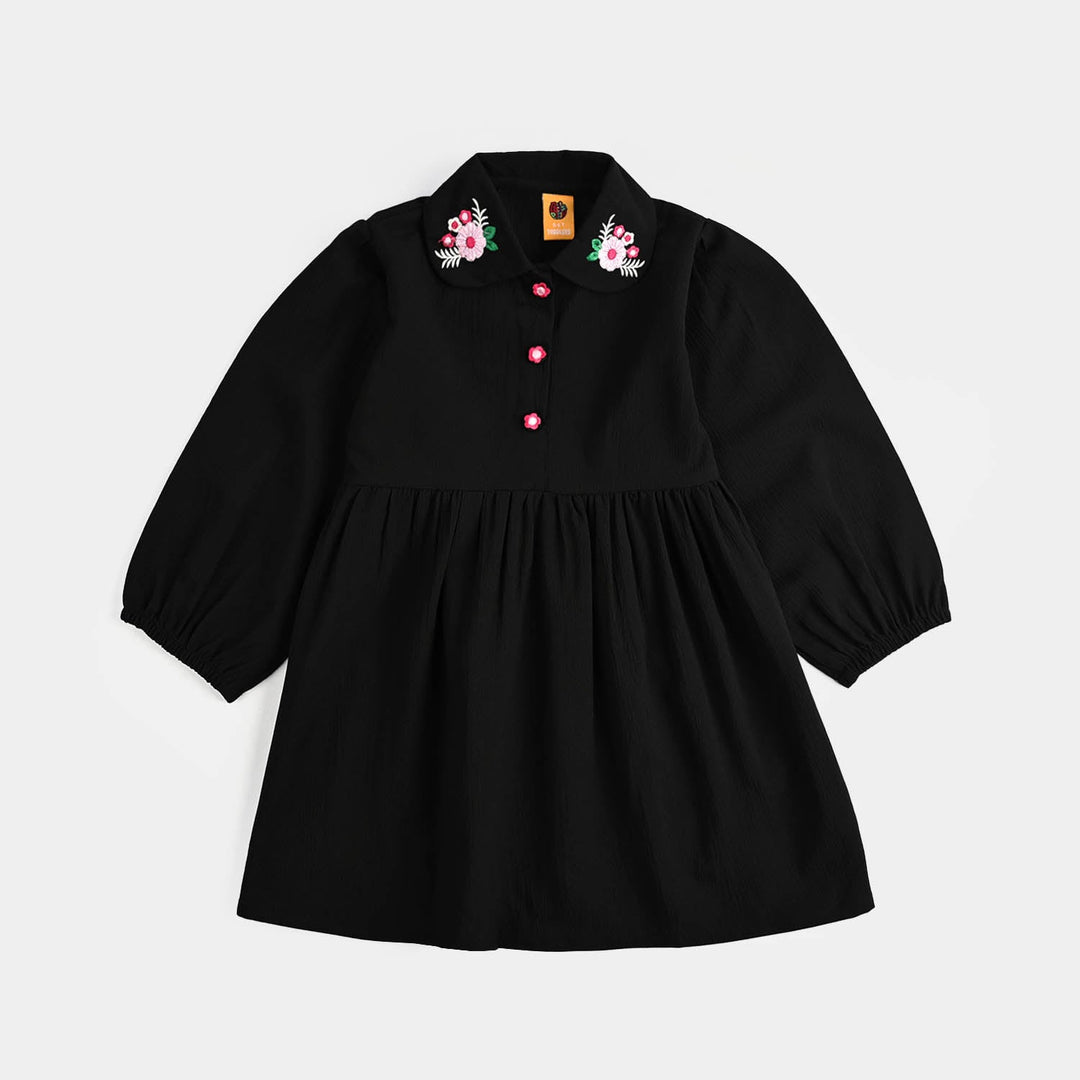 Girls Poly Crinkle Emb Frock BLACK