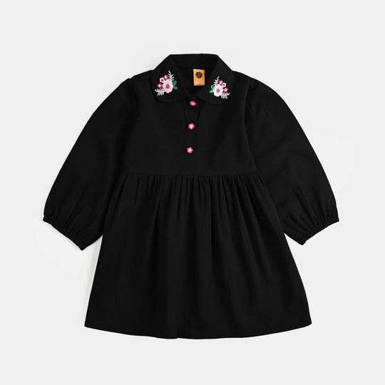 Girls Poly Crinkle Emb Frock BLACK