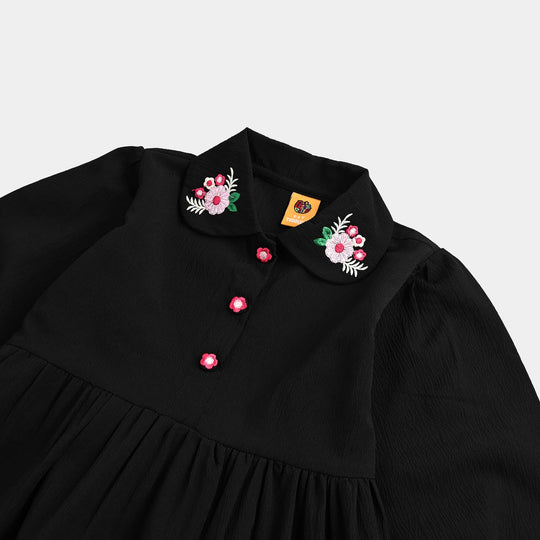 Girls Poly Crinkle Emb Frock BLACK