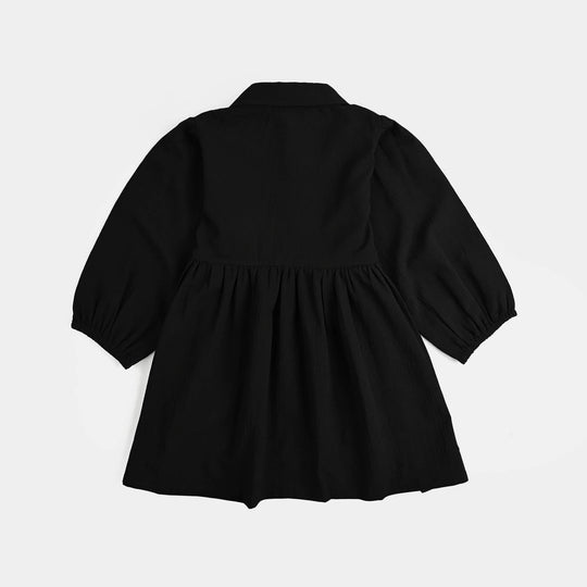 Girls Poly Crinkle Emb Frock BLACK