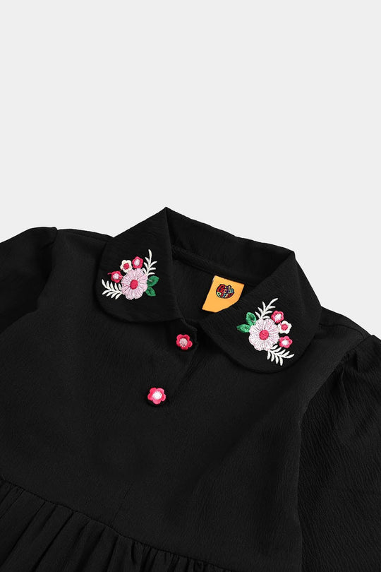 Infant Girls Poly Crinkle Emb Frock-BLACK