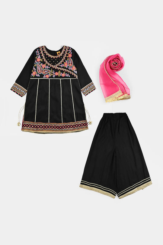 Girls Raw Silk Fancy 3Pcs - Black