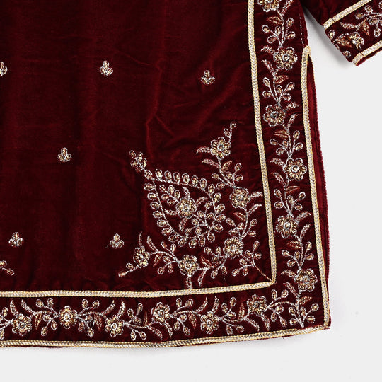 Girls Velvet Fancy 3Pcs - Maroon