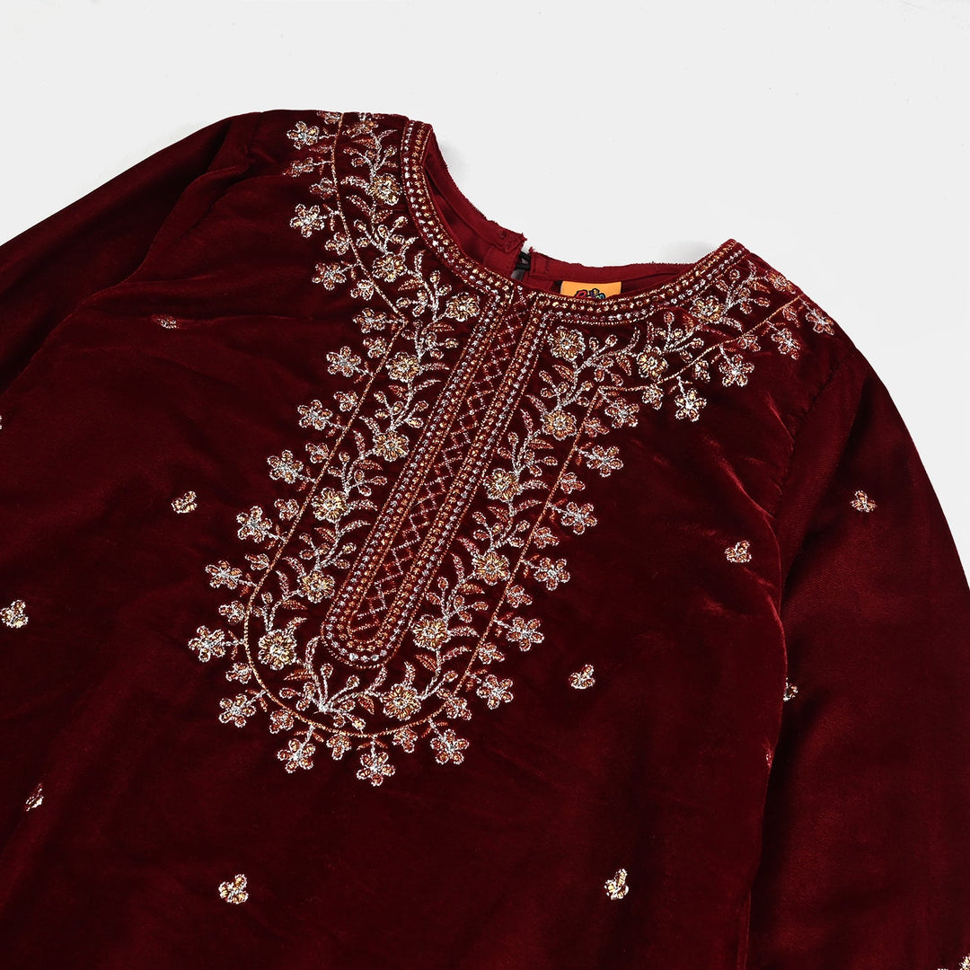 Girls Velvet Fancy 3Pcs - Maroon