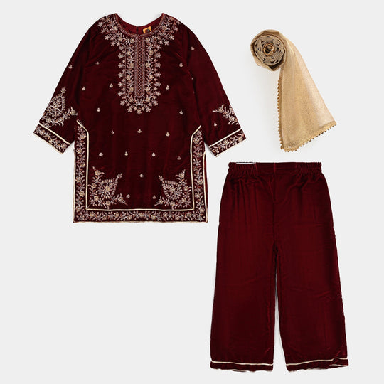 Girls Velvet Fancy 3Pcs - Maroon