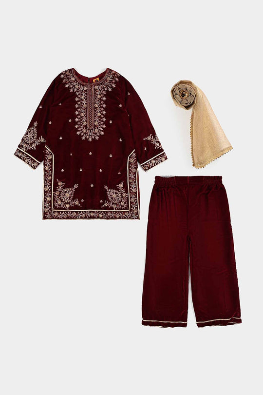 Girls Velvet Fancy 3Pcs - Maroon