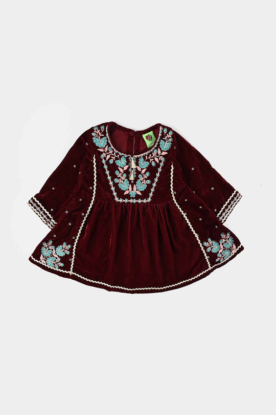 Infant Girls Velvet Fancy 3Pcs Gumaan-MAROON