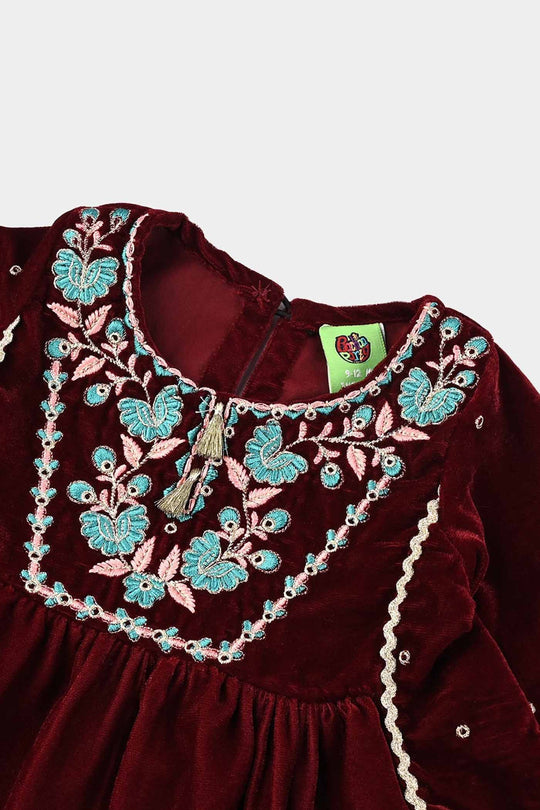 Infant Girls Velvet Fancy 3Pcs Gumaan-MAROON
