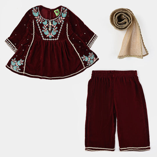 Infant Girls Velvet Fancy 3Pcs Gumaan-MAROON