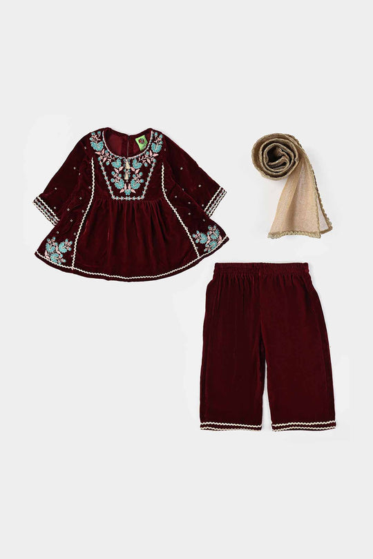 Infant Girls Velvet Fancy 3Pcs Gumaan-MAROON