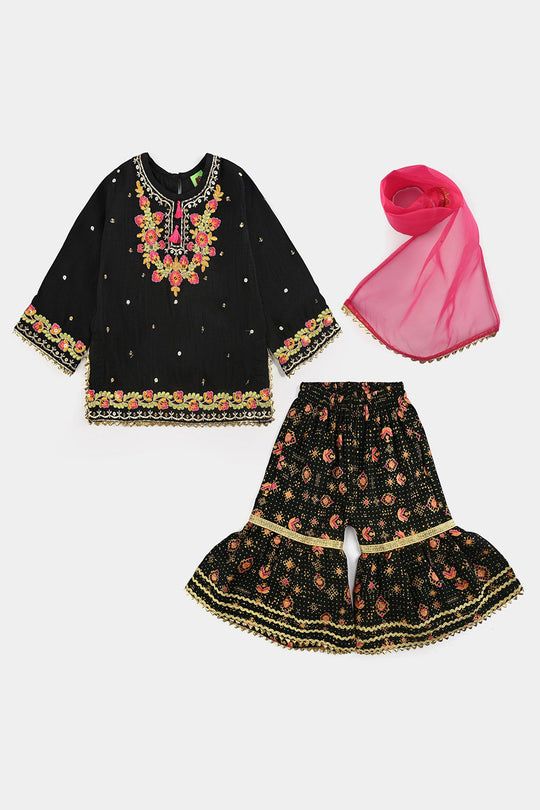 Infant Girls Raw Silk Fancy 3Pcs Falak-BLACK