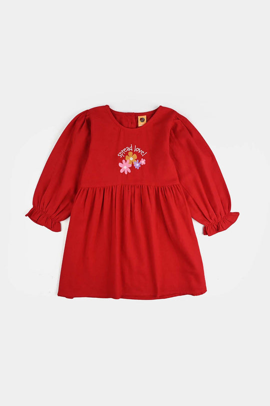Girls Cotton EMB Frock Rose-Red