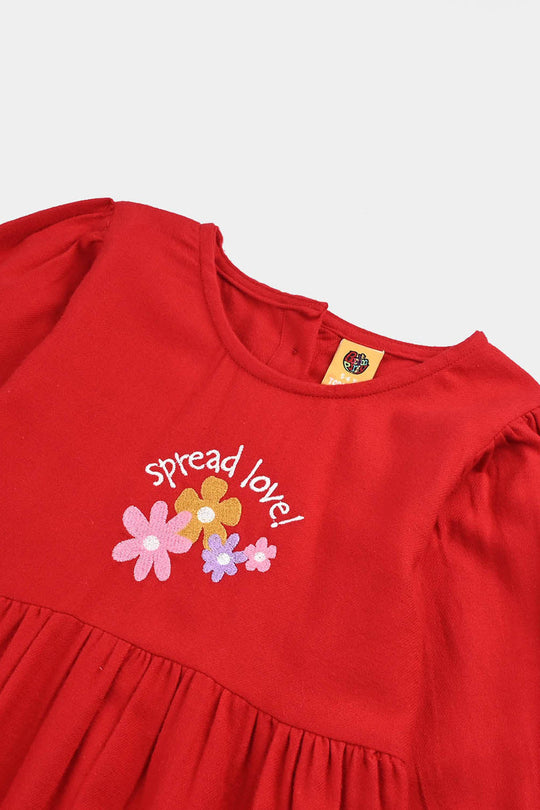 Girls Cotton EMB Frock Rose-Red