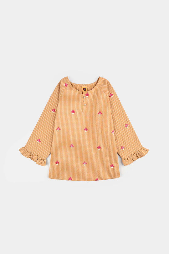 Girls Cotton Emb Top Mustard Checks-Mustard