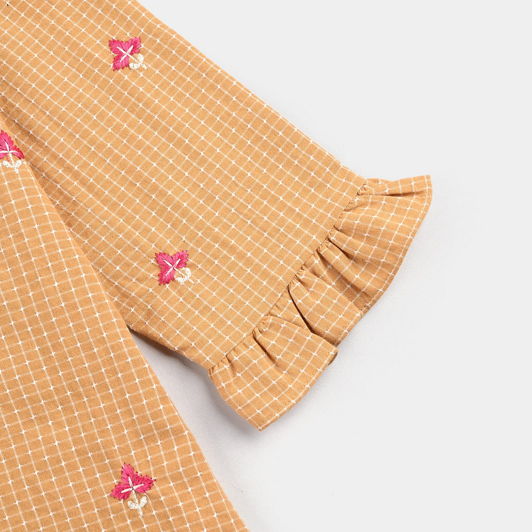 Girls Cotton Emb Top Mustard Checks-Mustard