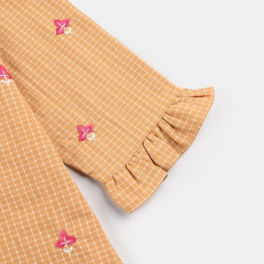 Girls Cotton Emb Top Mustard Checks-Mustard
