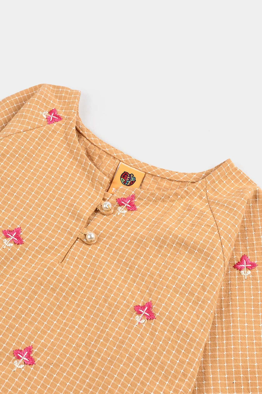 Girls Cotton Emb Top Mustard Checks-Mustard