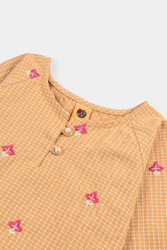 Girls Cotton Emb Top Mustard Checks-Mustard