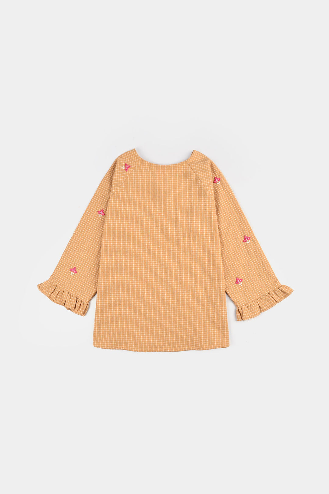 Girls Cotton Emb Top Mustard Checks-Mustard