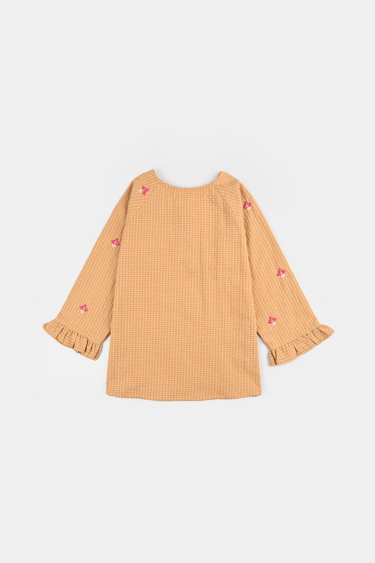 Girls Cotton Emb Top Mustard Checks-Mustard