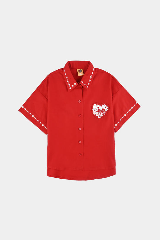 Girls Cotton Twill Emb Top Red Love-RED